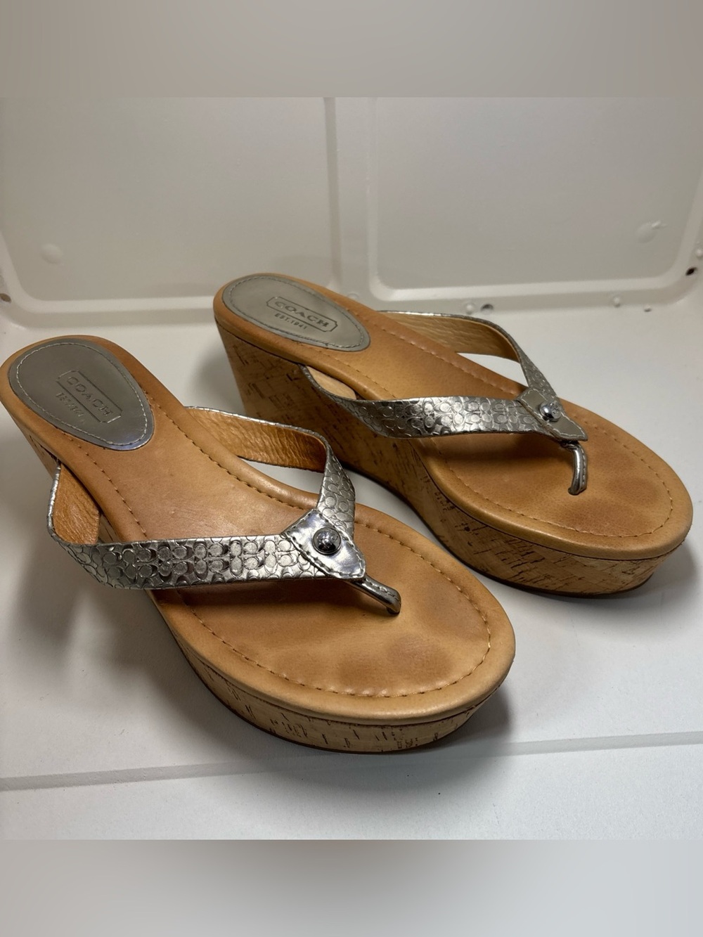 Coach Metallic Silver Leather Cork Wedge Thong Sandals